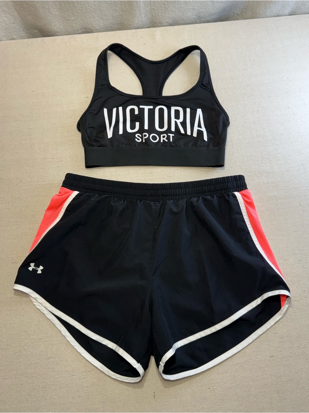 Victoria Sport Black Sports Bra & Black Athletic Shorts by Under Amour - Small